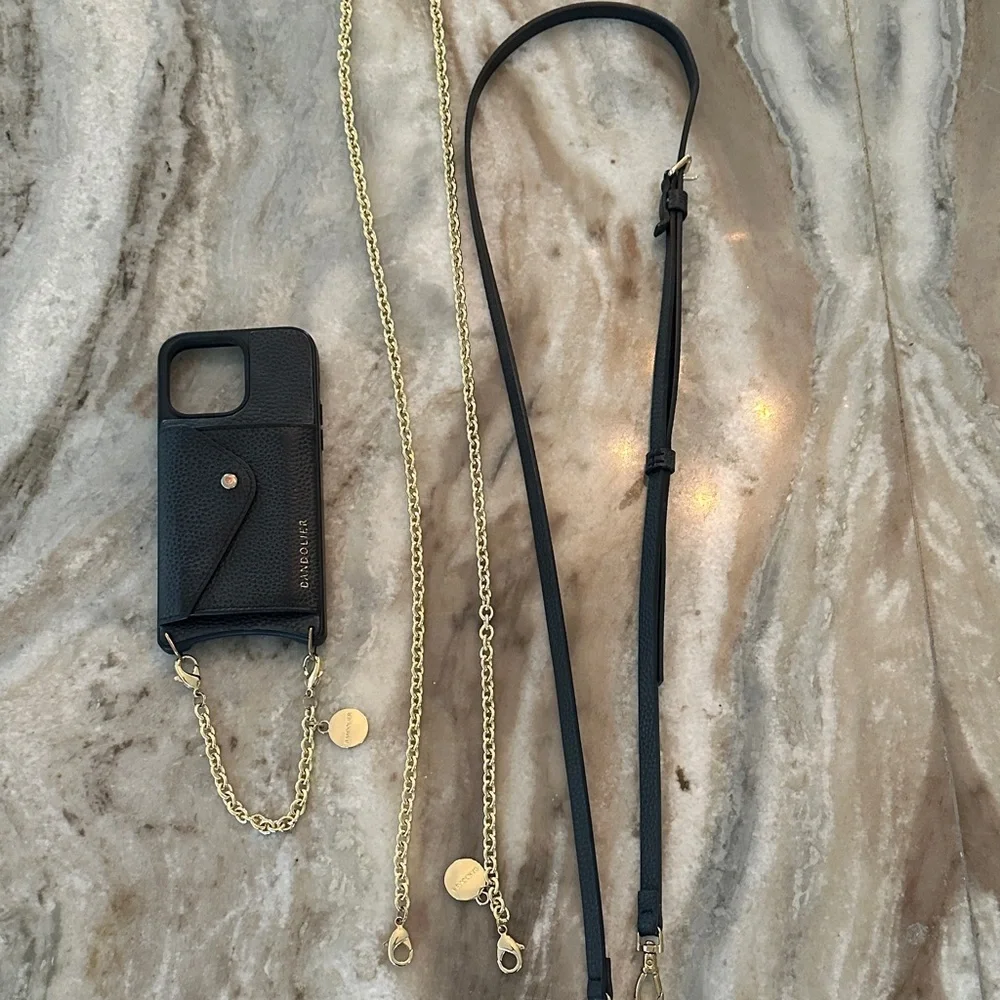 Bandolier iPhone 14 Max Black phone case with Gold Chain crossbody and more